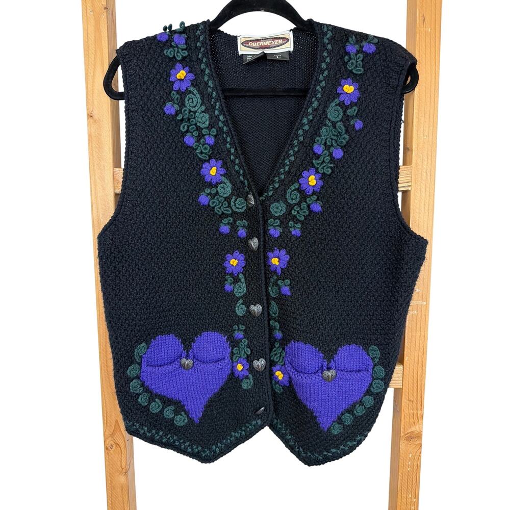 Obermeyer Rosemary Black Floral & Heart Button Wool Blend Sweater Vest LARGE